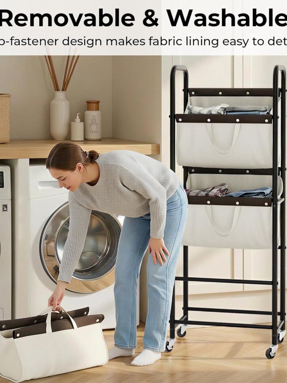 3 Tier Laundry Sorter, Laundry Basket with Wheels, Laundry Room Organization and - Picture 4 of 8